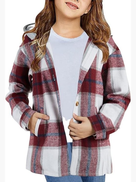 Other - Girls Flannel Plaid Button Down Long Sleeve Hooded Jacket